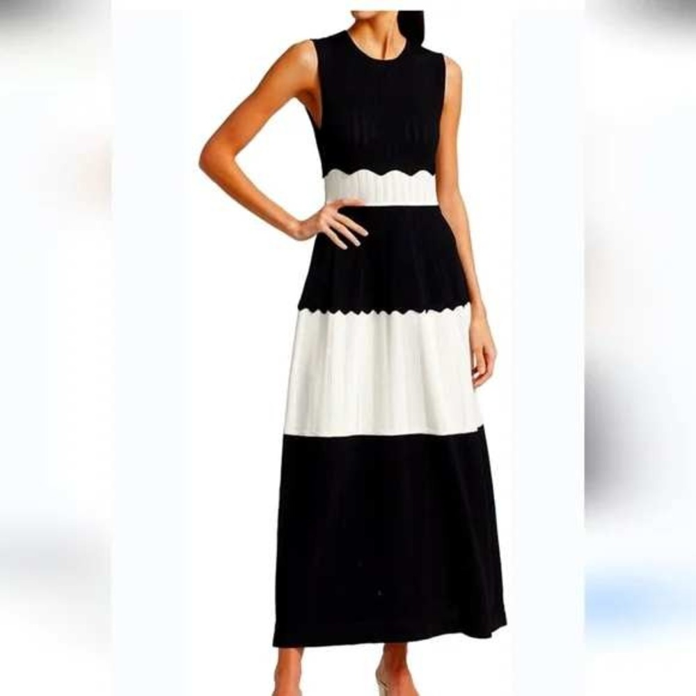 Lela Rose Black and White Striped Knit Maxi Dress XL Sleeveless Scalloped READ